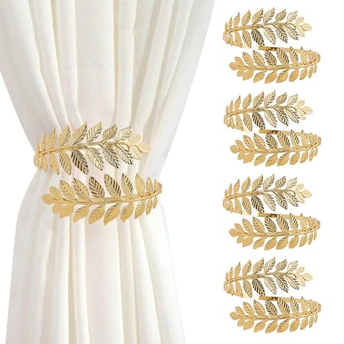 XFSRG Elegante Vorhang Raffhalter aus Metall in Blattform Raffhalter für Gardinen Stilvolle Gardinenstopper für Wohnzimmer und Schlafzimmer 2er Set Gold (Gold, 4 Stück) von XFSRG