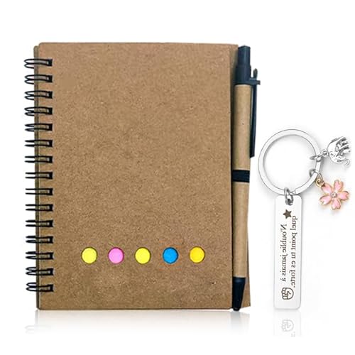 XFSRG Kraftpapier Haftnotizen Set mit Stift plus Motivations Schlüsselanhänger aus Edelstahl mit Elefant und Blüte Geschenk für Büro Schule Freunde von XFSRG