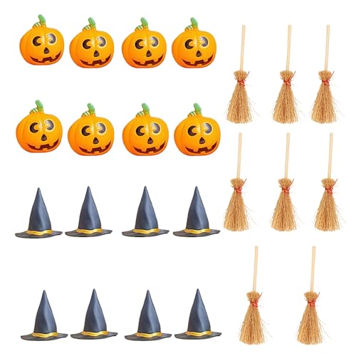XFSRG Mini Halloween Hexenhüte und Hexenbesen Kürbisse Basteln Deko Set Tischdekoration 24 Stück Halloween-Partyzubehör Herbst Schmuck von XFSRG