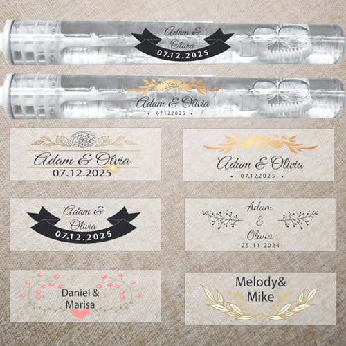 100 Stück personalisierte Hochzeits-Luftblasen-Etiketten, benutzerdefinierte klare Blasen-Zauberstab-Namentext, Logo-Aufkleber, Partygeschenk-Etiketten (5 x 2,5 cm) von XFZDKJSD