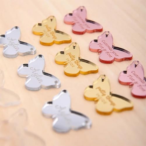 Personalisierbare Schmetterlings-Anhänger, personalisierbar, Spiegel-Acryl-Etiketten, Hochzeitstischkarten, Babyparty, Dekoration, Hochzeitsgeschenke (20 Stück) von XFZDKJSD