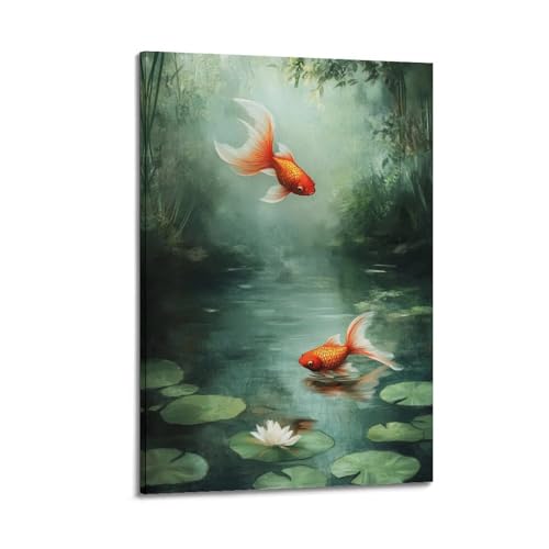 XGKJDS Exquisiter moderner Kunstdruck auf Leinwand, Fotoalbum, Aquarell-Tier-Poster mit kunstvollem Goldfisch im Teich mit Lilien-Pads, 40 x 60 cm von XGKJDS