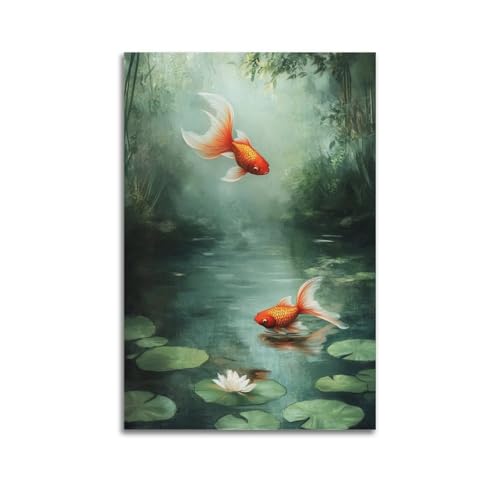 XGKJDS Exquisiter moderner Kunstdruck auf Leinwand, Fotoalbum, Aquarell-Tier-Poster mit kunstvollem Goldfisch im Teich mit Lilien-Pads, 40 x 60 cm von XGKJDS