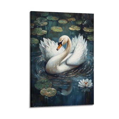 Anmutiger Schwan auf Lilie – Pad mit gepunktetem Wasser mit einer Seerose in der Nähe, Leinwand-Kunst, minimalistisch, modern, Wandbild, dekoratives Gemälde, hängendes Kunstwerk, 30 x 45 cm von XHBKJA