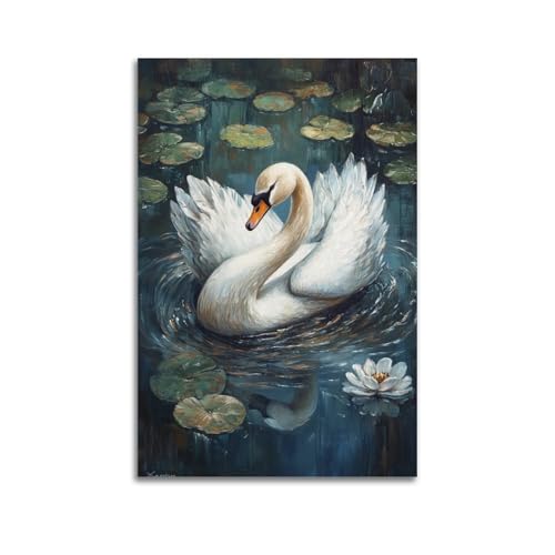 Anmutiger Schwan auf Lilie – Pad mit gepunktetem Wasser mit einer Seerose in der Nähe, Leinwand-Kunst, minimalistisch, modern, Wandbild, dekoratives Gemälde, hängendes Kunstwerk, 30 x 45 cm Anmutiger Schwan auf Lilie – Pad mit gepunktetem Wasser mit einer Seerose in der Nähe, Leinwand-Kunst, minimalistisch, modern, Wandbild, dekoratives Gemälde, hängendes Kunstwerk, 30 x 45 cm von XHBKJA