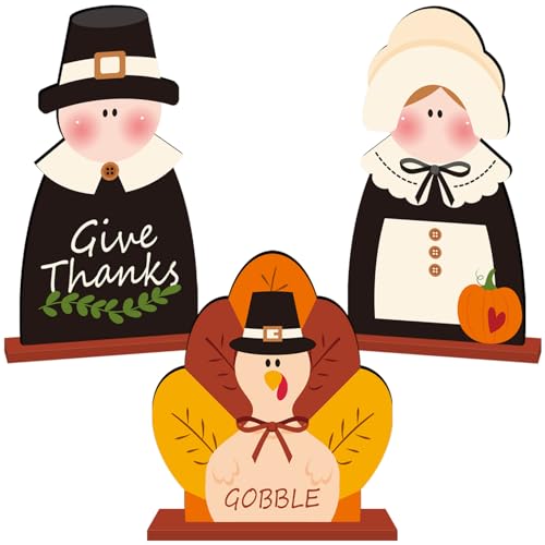 3 x Thanksgiving-Dekorationen aus Holz, Tischdekoration, Tischdekoration, Türkei, Pilgerpaar, Tischdekoration für Herbst, Ernte, Party, Zuhause, Büro, gestufte Tablett-Dekoration von XHCYGWY