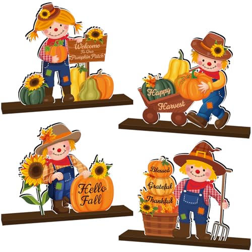 Vogelscheuchen-Dekoration für Zuhause, Holz-Tischdekoration, Erntedankfest, Tischdekoration, Dankbar, gesegnet, Foto-Requisiten für Herbst, Erntedankfest, Partyzubehör, 4 Stück von XHCYGWY
