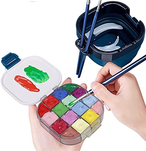 Reise-Farbpalettenbox mit faltbarer Pinsel-Unterlegscheibe, 3-in-1, tragbar, 16 Mulden, luftdichte Farbsparpalette mit Pinselreiniger und Pinselhalter für Aquarell, Öl, Acryl, Gouache-Malerei von XHDIGI