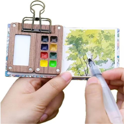 Reisefarben-Set mit 8 Grids Mini-Holzpalettenbox, 6 cm x 6 cm Mini-Aquarell-Skizzenbuch und einem Messingclip für Aquarellmalerei, Acrylmalerei von XHDIGI