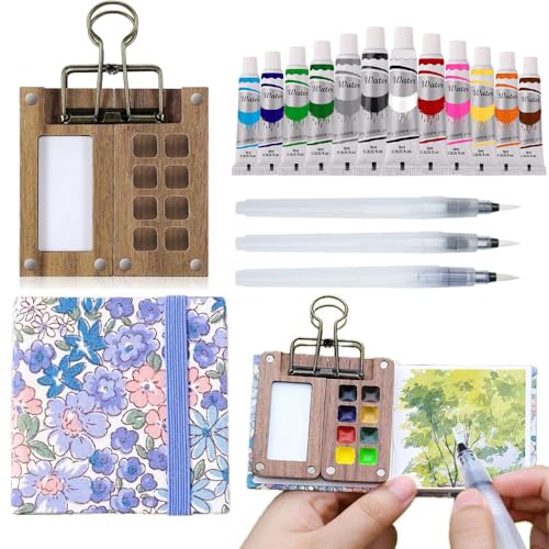 Tragbares Skizzenbuch-Paletten-Set, 8 Fächer, Mini-Holzpalette mit Farben für Aquarell-, Gouache-Acrylmalerei, mit Aquarellpapier, Wasserpinselstiften und einem Clip von XHDIGI