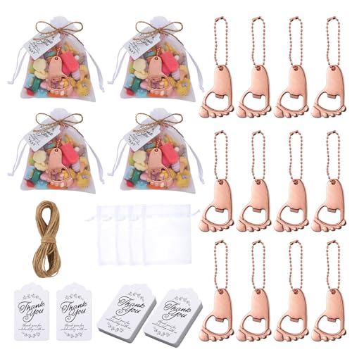 XHIPY Flaschenöffner mit Fußabdruck, Organzabeutel, Juteseil und Ketten – perfektes Hochzeitsgeschenk und Babyparty-Gastgeschenke für Gäste (10, Roségold), 10 Stück von XHIPY