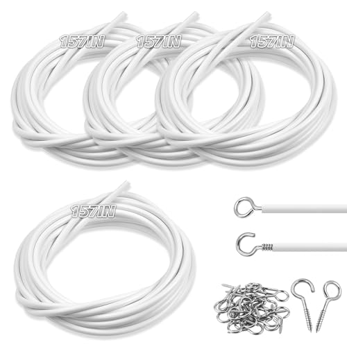 4 Stück Vorhangdraht Weiß 4 m, Gardinendraht Ohne Bohren Outdoor Gardinenseil Kunststoffbeschichteter VorhangSeil Gardinen Seilsystem mit 24 Paar Schraubenösen und Haken von XHNKEG