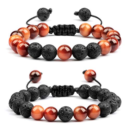 XHSM Tigerauge Lavastein Armband für Männer und Frauen, 8 mm natürliche Tigeraugen-Perlen Stein verstellbares Armband Aromatherapie ätherisches Öl Diffusor Lava-Armband Geschenke für Männer von XHSM