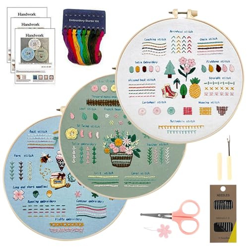 XHYASD 3 Sets Stickset für Anfänger, Blumenmuster Pflanzen Stickset mit Kunststoff-Stickrahmen Farbfäden und Werkzeuge, für DIY Kunst Handwerk Sticken von XHYASD