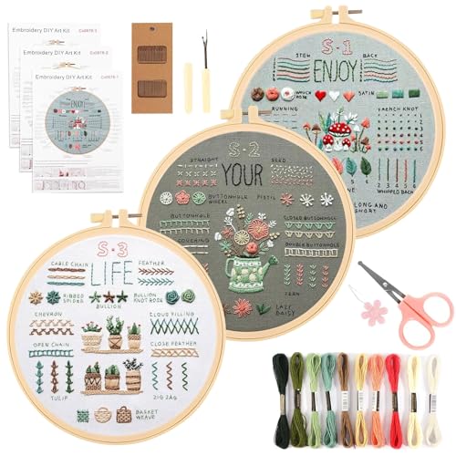 XHYASD 3 Sets Stickset für Anfänger, Blumenmuster Pflanzen Stickset mit Kunststoff-Stickrahmen Farbfäden und Werkzeuge, für DIY Kunst Handwerk Sticken (1) von XHYASD