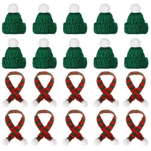 XIABYAYU Mini Weihnachtsmütze & Schal, 20 Stück, Nikolausmütze, Weinflasche Strickschal, Puppenhaus, Grün, Kinder, Unisex, Weihnachtsfans, Geschenkgeber, Miniatur-Enthusiasten von XIABYAYU
