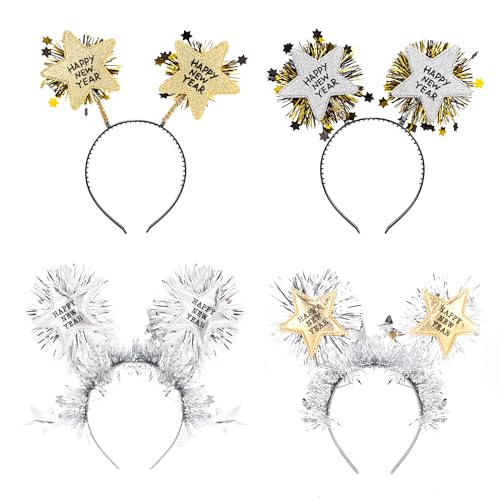 XIABYAYU Silvester Haarreif und Kopfschmuck Set - 4 Stück Party Deko, Happy New Year, Neujahr Accessoires für Kinder und Erwachsene von XIABYAYU
