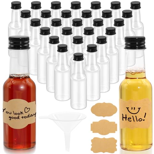 30 Stück 50ml Kunststoff Kleine Likörflaschen zum Befüllen, 10.5 x 3.2cm Mini Flaschen zum Befüllen mit Trichter und Etikett, Wiederverwendbare Schnapsflaschen zum Befüllen für Hochzeiten Party von XIANGLONGY