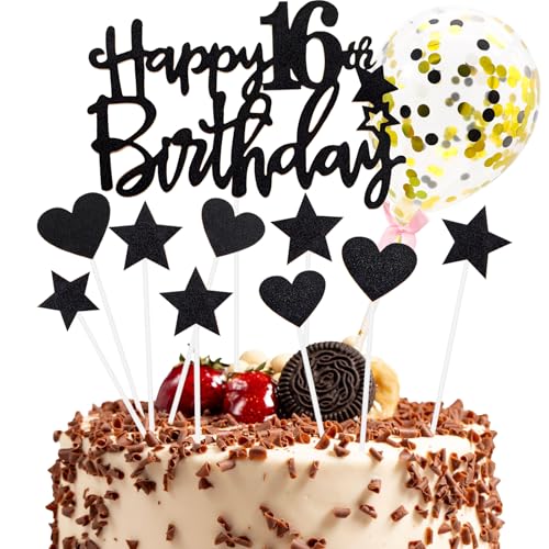 Tortendeko 16 Geburtstag Mädchen Junge, Schwarz Happy Birthday Cake Topper Geburtstag mit Konfetti Luftballon, Glitzer DIY Geburtstagskuchen Deko, Happy Birthday Kuchen Deko 16 Jahre Geburtstag von XIANGLONGY