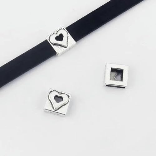 10 Stück quadratische Abstandsperlen, 10 x 2 mm Loch, für die Herstellung von flachem Lederband, Halskette, Armband, Schmuckherstellung, Silber, offenes Herz von XIANGN