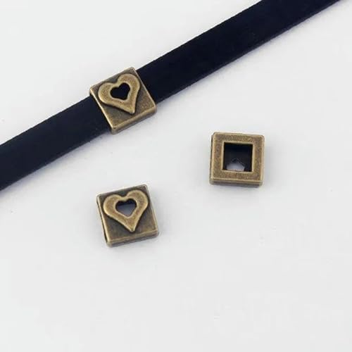 10 Stück quadratische Spacer-Perlen, 10 x 2 mm, Loch für die Herstellung von flachem Lederband, Halskette, Armband, Schmuckherstellung-offenes Herz von XIANGN