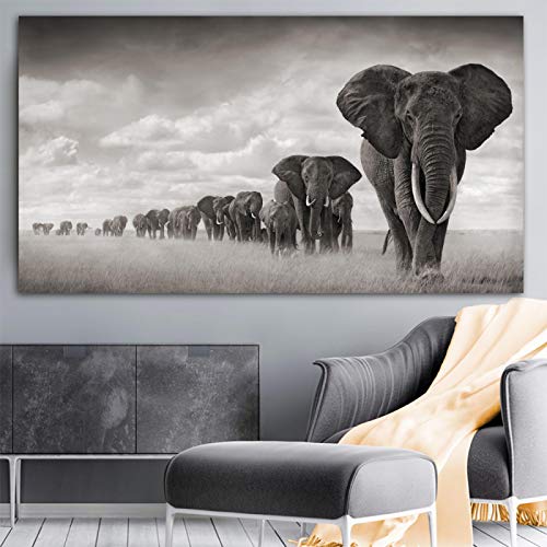 Leinwand Malerei Großformat Schwarz Weiß Afrika Elefanten Tiere Skandinavien Poster Drucke Wandkunst Bilder Wohnzimmer 70x150cm(28''x59') Ungerahmt von XIANGPEIFBH