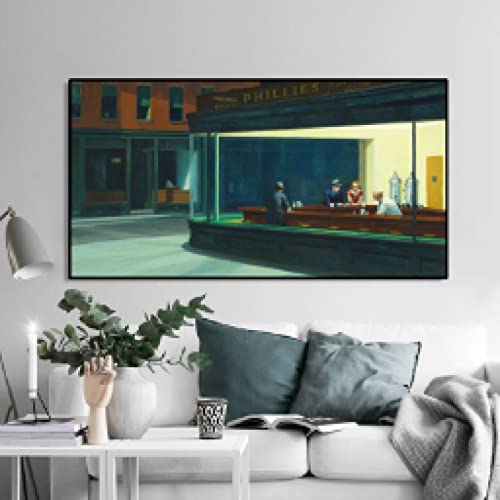 XIANGPEIFBH Wandkunst, Gemälde, Leinwand, Poster und Drucke, Wandkunst, Nachtschwärmer von Edward Hopper, Bilder für Wohnzimmer, Heimdekoration, 80x160cm (32x63in) mit schwarzem Rahmen von XIANGPEIFBH