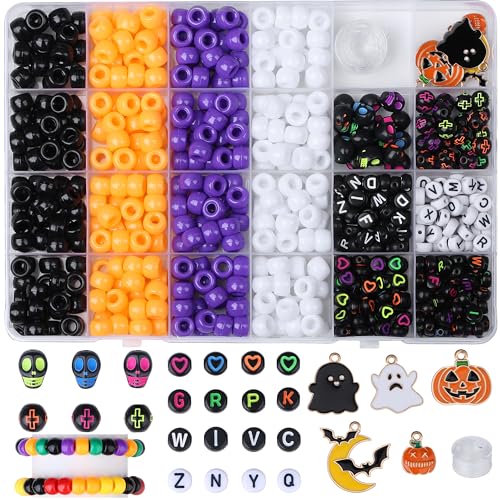 XIANNVXI Halloween-Pony-Buchstaben-Perlen-Set, Freundschaftsarmband, 640 Stück, Orange, Lila, Weiß, Buchstaben-Pony-Perlen, Großpackung von XIANNVXI
