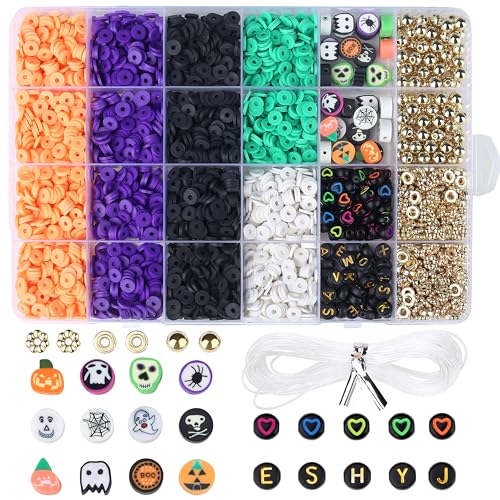 XIANNVXI Halloween-Tonperlen, 2700 Stück, Orange, Lila, Schwarz, Weiß, Grün, Schmuckherstellung, Freundschaftsarmband, Zubehör mit Halloween-Muster, Tonperlen, Bastelset von XIANNVXI