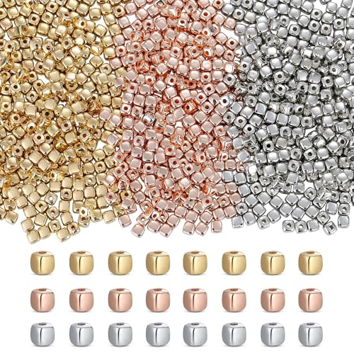 XIANNVXI Quadratische Abstandshalter für Schmuckherstellung, glatte lose Perlen für selbstgemachte Armbänder und Halsketten, 500 Stück (Gold, Silber, Roségold) von XIANNVXI