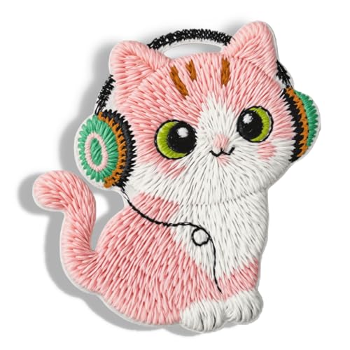 Aufnäher mit rosa Katze, die Musik hört, selbstklebende Applikationen, bestickt, zum Aufnähen, für Kleidung, Taschen, T-Shirts, Tassen, Hüte, Handyhüllen, 4 Stück von XIANZHONG