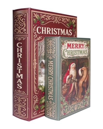 XIAOAIKA Weihnachten Deko Holz Buchbox 2er Set - Vintage Faux Buchboxen mit Ledereinband, geheime Aufbewahrung mit Magnetverschluss, Urlaub Geschenkbox für Home Office Bücherregal Dekor von XIAOAIKA
