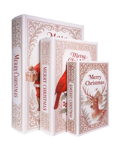 XIAOAIKA Weihnachten Deko Holz Buchbox 3er Set - Vintage Faux Buchboxen mit Ledereinband, geheime Aufbewahrung mit Magnetverschluss, Urlaub Geschenkbox für Home Office Bücherregal Dekor von XIAOAIKA