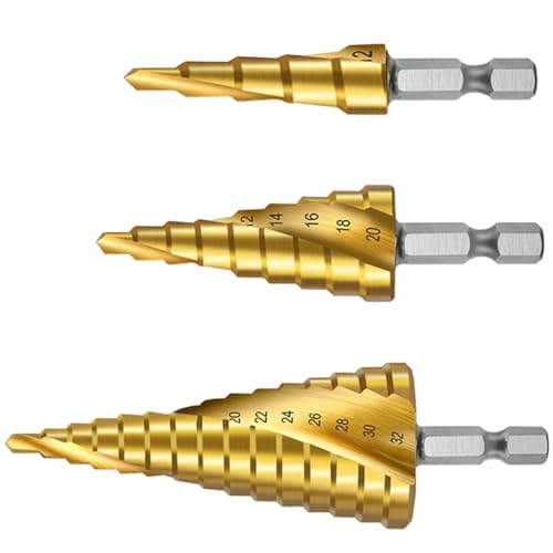 3 PCS spiral groove step drill set, HSS Titan Kegelbohrer, sechseckiger Schaft, 4-12/20/32mm Holzbearbeitung und Metallbohrwerkzeuge von XIAOMAOMAO