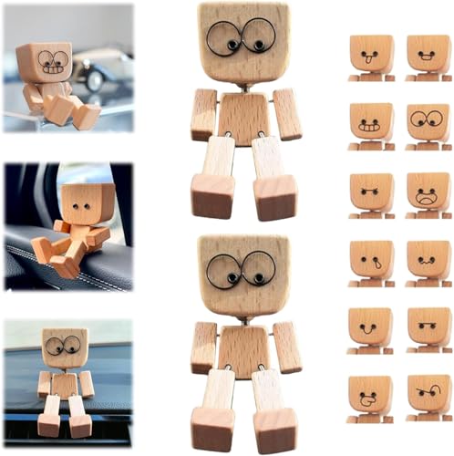 Wackelnde Holzfiguren, Charmante Kleine Holzfigur, Handgefertigte Holz-Auto-Ornamente Actionfiguren, Lustige Wackelkopf-Autodekoration, Mit 12 Magnetischen Gesichtsausdrücke (#2A, 24 Zubehörteile) von XIAOPINPI