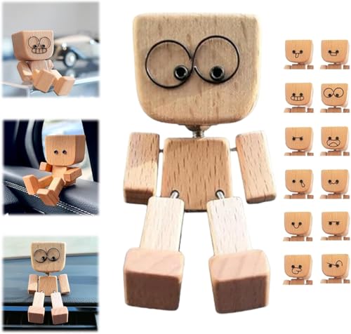 Wackelnde Holzfiguren, Charmante Kleine Holzfigur, Handgefertigte Holz-Auto-Ornamente Actionfiguren, Lustige Wackelkopf-Autodekoration, Mit 12 Magnetischen Gesichtsausdrücke (#A, 12 Zubehörteile) von XIAOPINPI