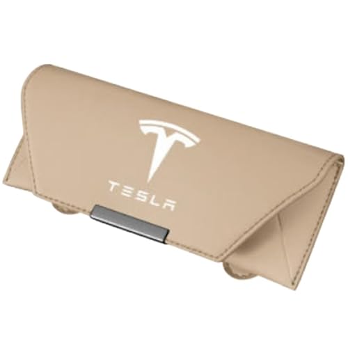 XIAOSAXIAODE Magnetisches Leder Brillenetui für Autosonnenblende, für Tesla Model 3 2023 2024 2025 Fahrzeuge, Praktische Brillenbox mit Magnetverschluss, Leder Organizer,Beige von XIAOSAXIAODE