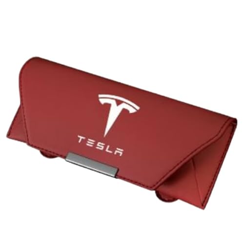 XIAOSAXIAODE Magnetisches Leder Brillenetui für Autosonnenblende, für Tesla Model X 2022 2023 2024 2025 Fahrzeuge, Praktische Brillenbox mit Magnetverschluss, Leder Organizer,Red von XIAOSAXIAODE
