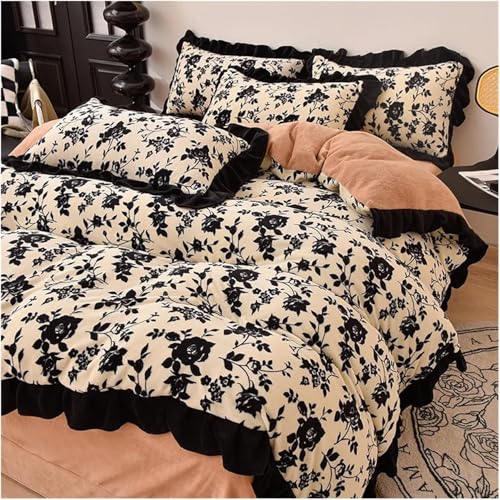 XIAOYIWIN Französische Woll-Bettwäsche-Set mit V-Ausschnitt, Rosen-Spitze, Rüschen, Einzelbett, Queen-Size-Bettbezug, Kissenbezug, 4-teiliges Set (4-teilig, Queen-Size-Größe, 4-teilig) von XIAOYIWIN