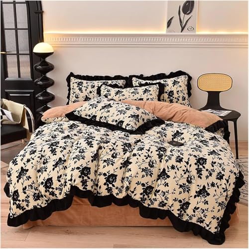 XIAOYIWIN Französische Woll-Bettwäsche-Set mit V-Prägung, Rosen-Spitze, Rüschen, Einzelbett, Queen-Size-Bettbezug, Kissenbezug, 4-teilig (flach, Queen-Size-Größe, 4-teilig) von XIAOYIWIN