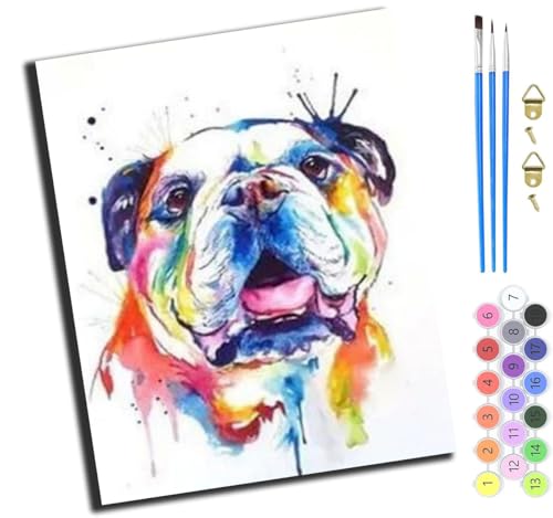 Bunte Aquarell Hund Englische Bulldogge,Malen Nach Zahlen Erwachsene,Diy Bastelset Handgemalt Ölgemälde Geschen Kit Mit 3,Pinseln Und Acrylfarbe Knitterfreie Leinwand Kit,40X50 Cm,Ohne Rahmen von XIAOYOUQIAN