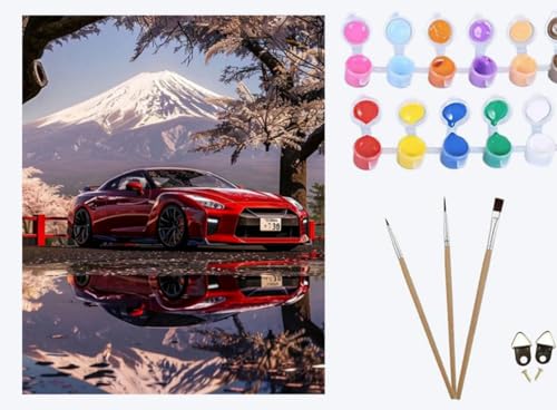 Rotes Auto, Sportwagen und schneebedeckte Berge，Malen nach Zahlen Erwachsene , DIY Handgemalt Ölgemälde Kit, Paint by Numbers Adult Mit 3 ， Pinseln und Acrylfarbe leinwand Kit ， 40x50cm，mit Rahmen von XIAOYOUQIAN