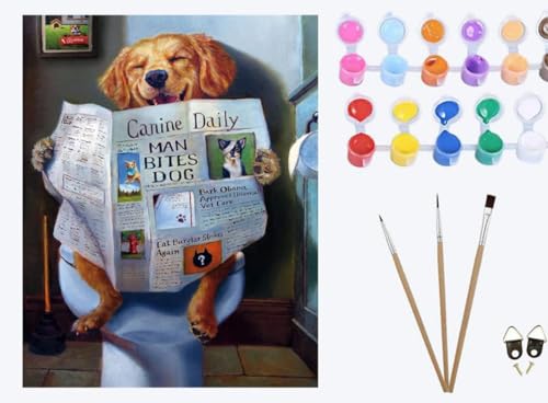 Toilette Lächeln Zeitung Golden Retriever Hund，Malen nach Zahlen Erwachsene，DIY Bastelset Handgemalt Ölgemälde Geschen Kit Mit 3，Pinseln und Acrylfarbe knitterfreie leinwand Kit，40x50cm，ohne Rahmen von XIAOYOUQIAN