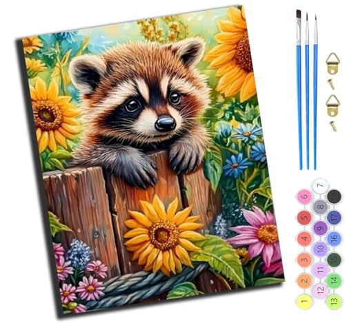 Waschbär Auf Einem Holzpfahl In Einem Sonnenblumenfeld,Malen Nach Zahlen Erwachsene,Diy Handgemalt Ölgemälde Kit,Anfänger Kreativ Bastelset Für Erwachsene Und Mädchen Geschenk,16X20 Inch,Ohne Rahmen von XIAOYOUQIAN