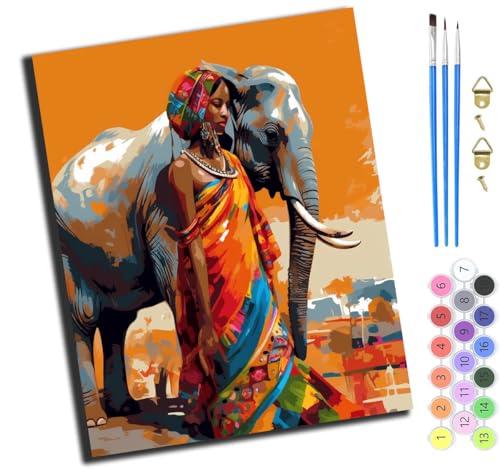 XIAOYOUQIAN Afroamerikanisches Mädchen Und Elefant,Malen Nach Zahlen Erwachsene,Diy Mit Pinseln Und Acrylfarben Handgemalt Ölgemälde Leinwand Für Home Decor,(40X50Cm),Ohne Rahmen von XIAOYOUQIAN