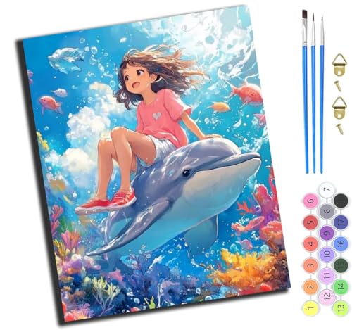 XIAOYOUQIAN Anime Delphin Mädchen,Malen Nach Zahlen Erwachsene,Diy Bastelset Handgemalt Ölgemälde Geschen Kit Mit 3,Pinseln Und Acrylfarbe Knitterfreie Leinwand Kit,40X50 Cm,Mit Rahmen von XIAOYOUQIAN