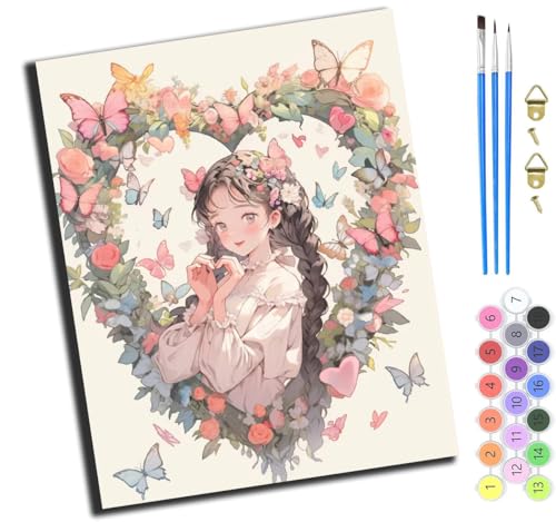 XIAOYOUQIAN Anime Schmetterling Blumen Mädchen,Art Malen Nach Zahlen Erwachsene,Diy Handgemalt Ölgemälde Leinwand Set Für Home Haus Deko,(40X50Cm),Mit Rahmen von XIAOYOUQIAN