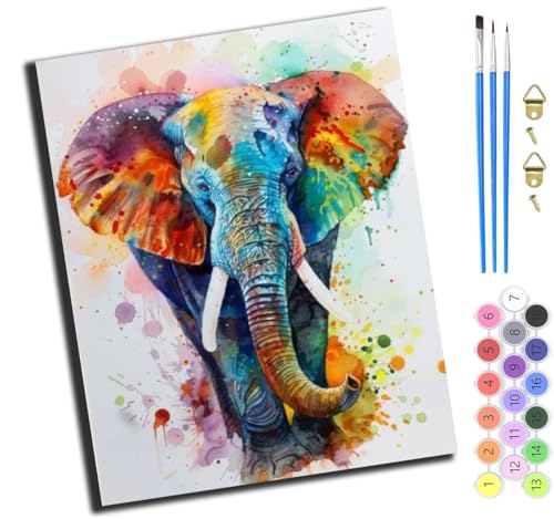 XIAOYOUQIAN Aquarell Tier Bunten Elefanten,Malen Nach Zahlen Erwachsene,Paint By Numbers,Diy Handgemalt Ölgemälde Mit 3,Pinseln Und Acrylfarbe Leinwand Kit,40X50 Cm,Ohne Rahmen von XIAOYOUQIAN