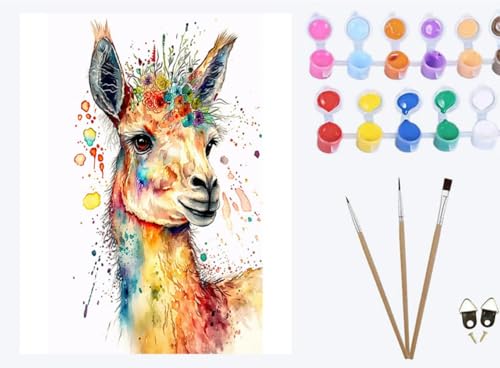 XIAOYOUQIAN Aquarell Tier süßes Alpaka，Art Malen Nach Zahlen Erwachsene,Diy Handgemalt Ölgemälde Leinwand Set für Home Haus Deko， (40x50cm) ，mit Rahmen von XIAOYOUQIAN
