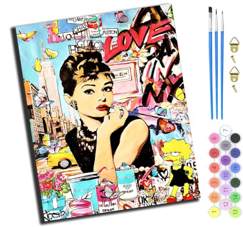 XIAOYOUQIAN Audrey Hepburn Mit Street-Graffiti-Makeup,Malen Nach Zahlen,Diy Handgemalt Ölgemälde,3 Pinseln Und Vorgedruckt Leinwand,Ölgemälde,Festival Geschenk Home Deko,40X50Cm,Ohne Rahmen XIAOYOUQIAN Audrey Hepburn Mit Street-Graffiti-Makeup,Malen Nach Zahlen,Diy Handgemalt Ölgemälde,3 Pinseln Und Vorgedruckt Leinwand,Ölgemälde,Festival Geschenk Home Deko,40X50Cm,Ohne Rahmen von XIAOYOUQIAN